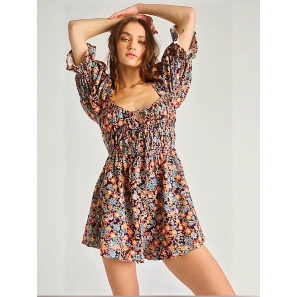 Free People Show Me Love Floral Linen Blend Puff Sleeve Romper XS NWOT